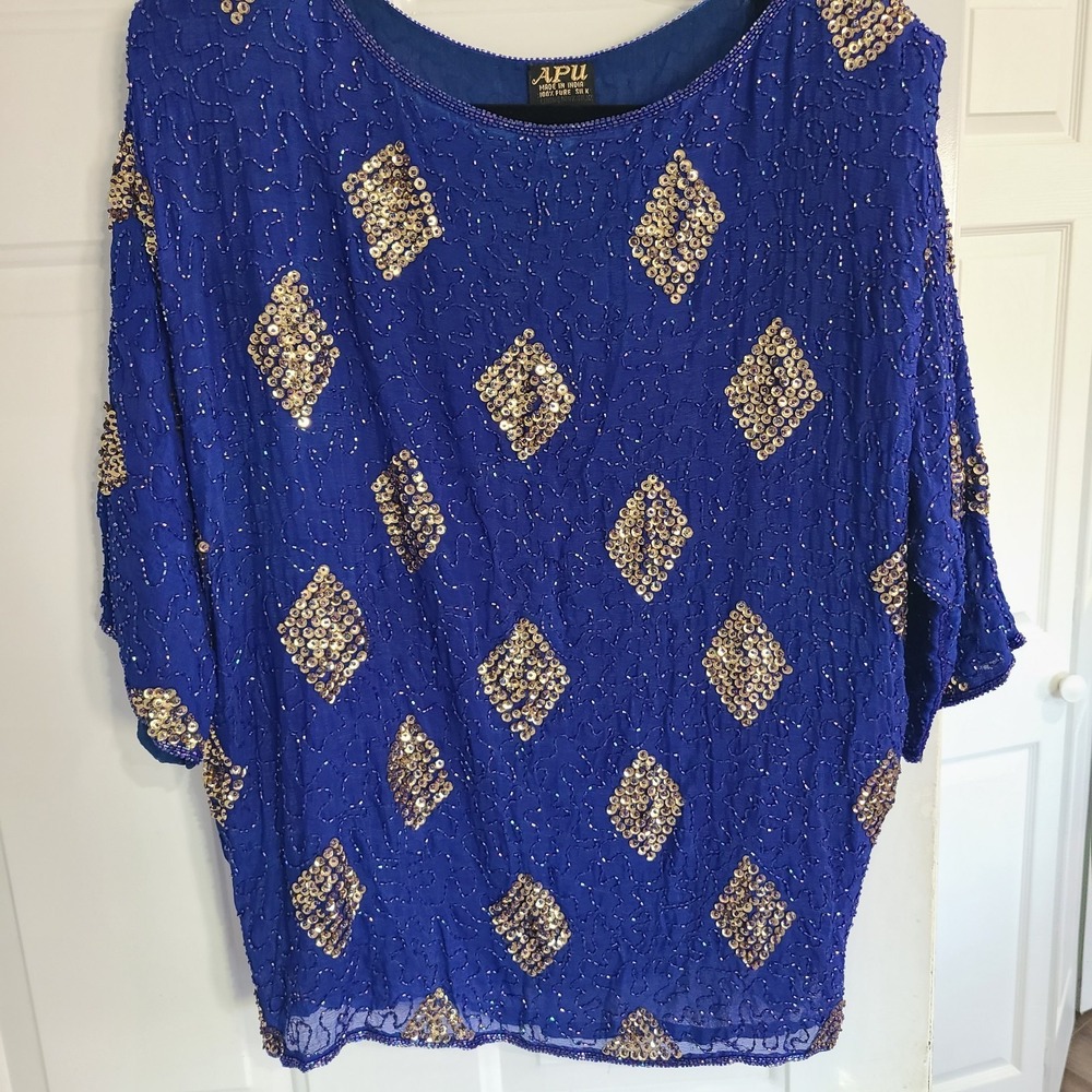 APU VINTAGE Women's Blue Gold‎ Sequin Top  Blouse Silk Sz XL Elegant Formal